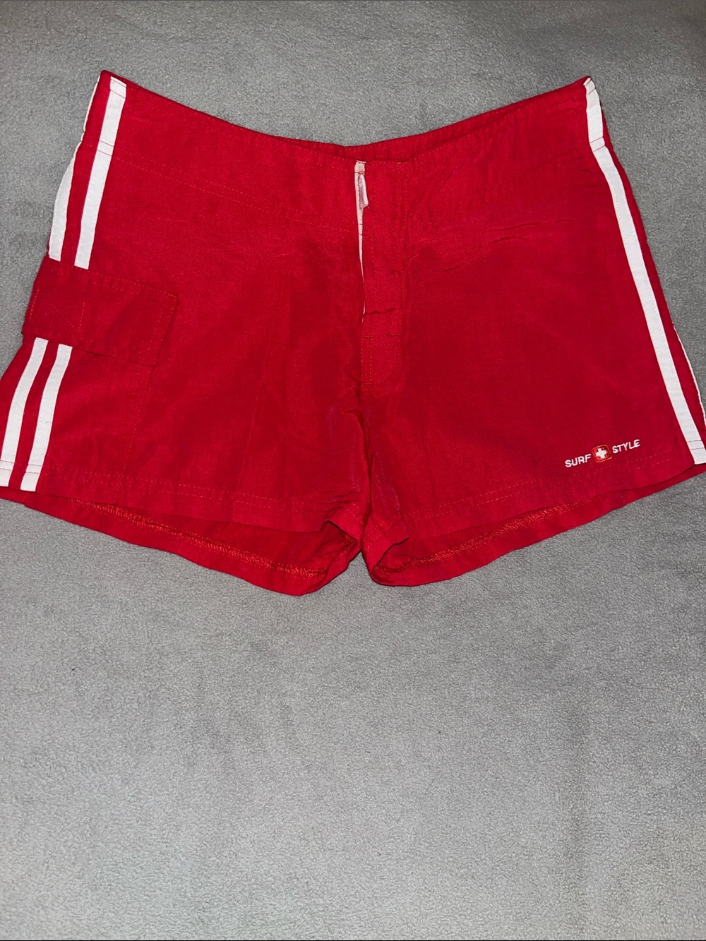 surf style Red Athletic Shorts with White Side Stripes